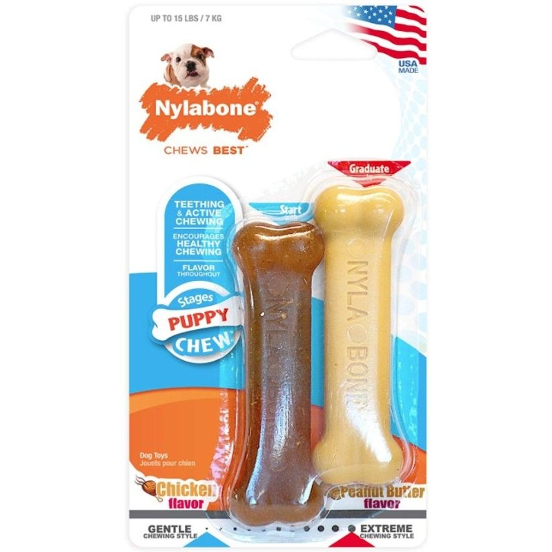 Nylabone Puppy Chew Petite Twin Pack - Chicken & Peanut Butter Nylon Chews - 3.75" Chews - 2 Pack - (For Puppies up to 15 lbs) Nylabone Puppy Chew Petite Twin Pack - Chicken & Peanut Butter Nylon Chews - 3.75" Chews - 2 Pack - (For Puppies up to 15 lbs)